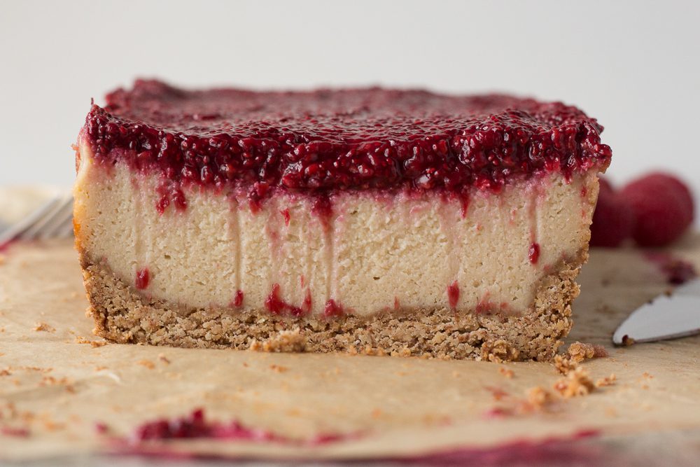 Vegan Raspberry Cheesecake sliced by Flora & Vino 