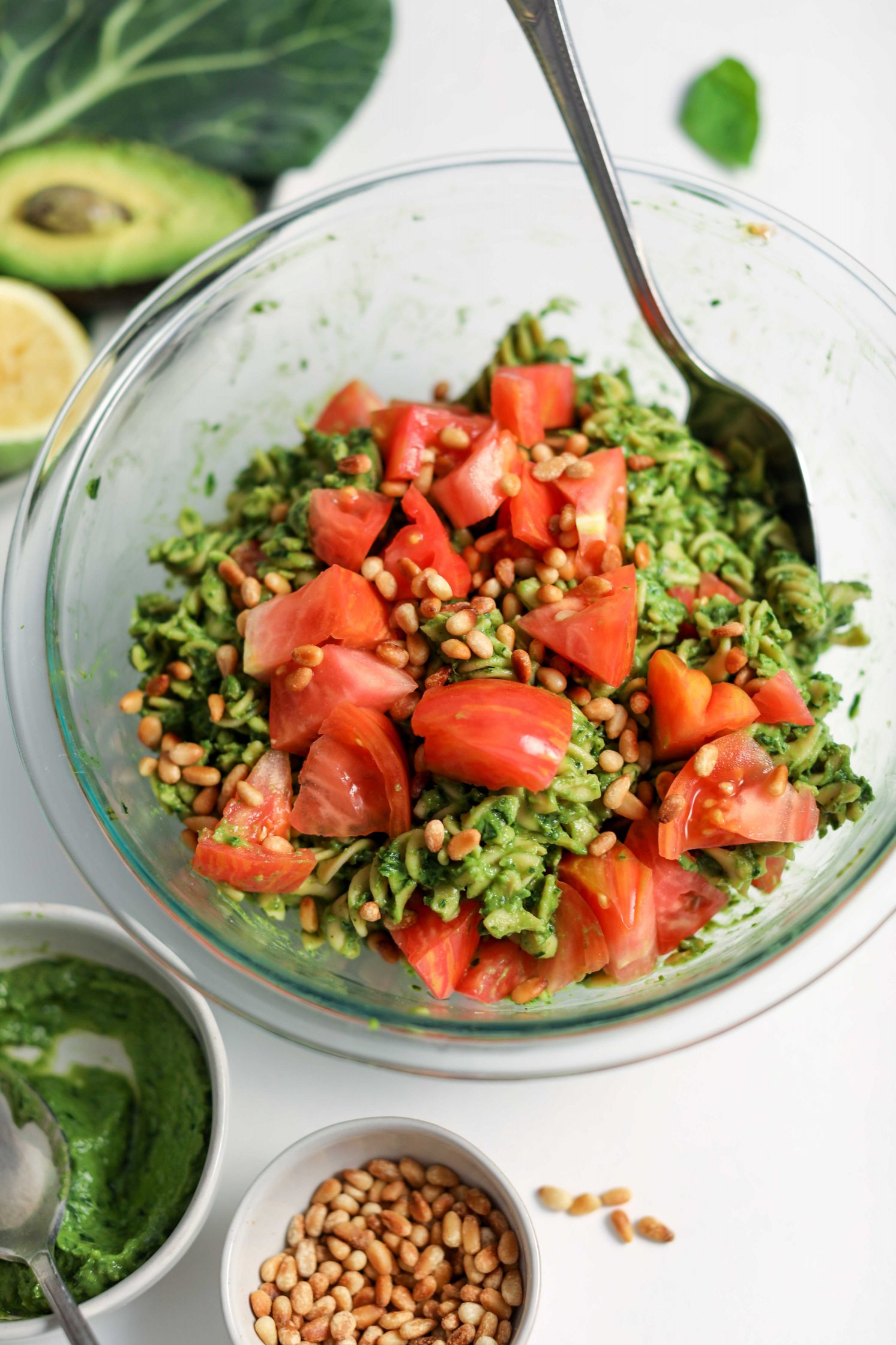 Avocado Collard Greens Pesto Pasta Recipe - Flora & Vino