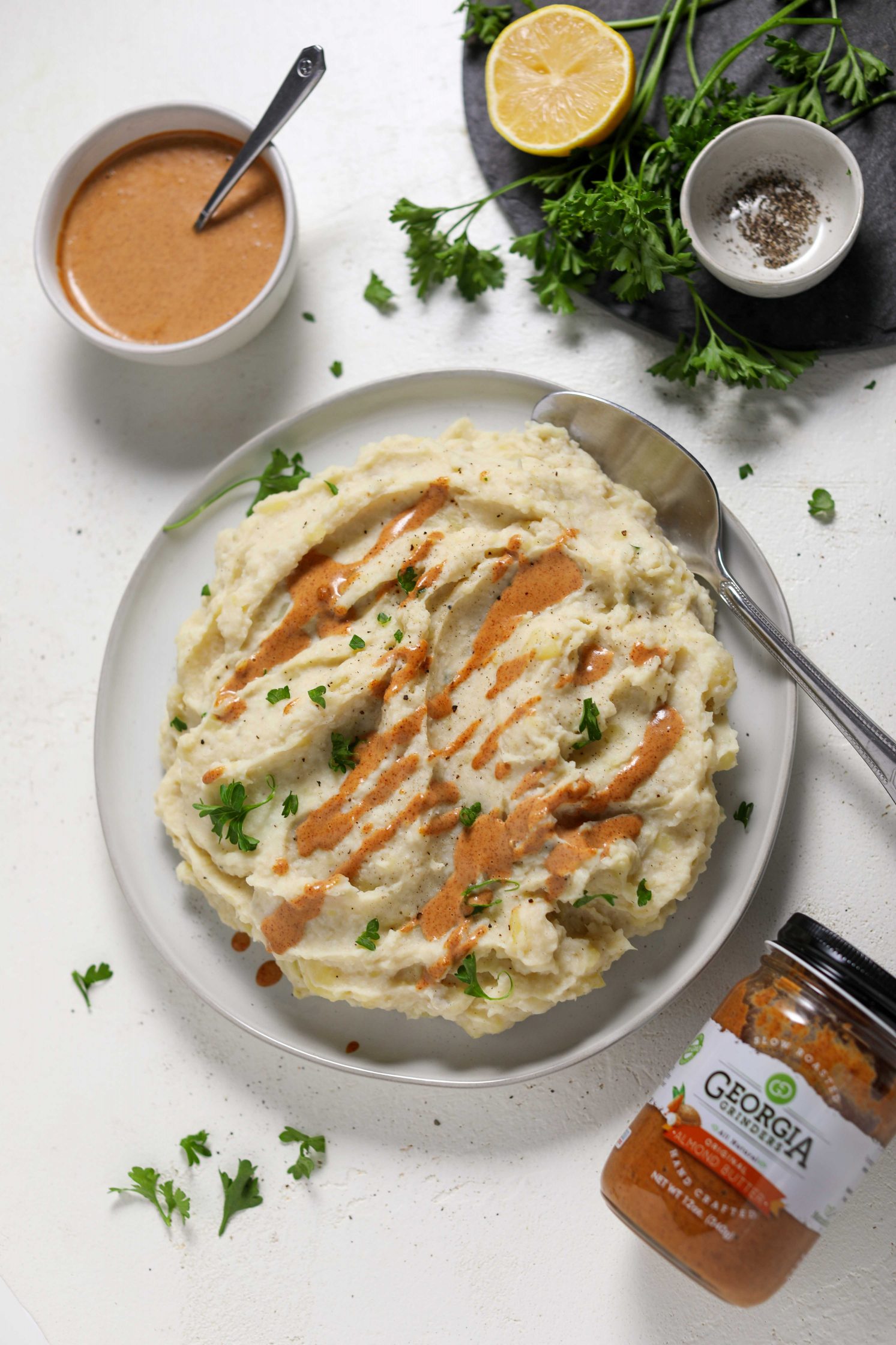 Cauliflower Mashed Potatoes served with Almond Butter “Gravy” by Flora & Vino