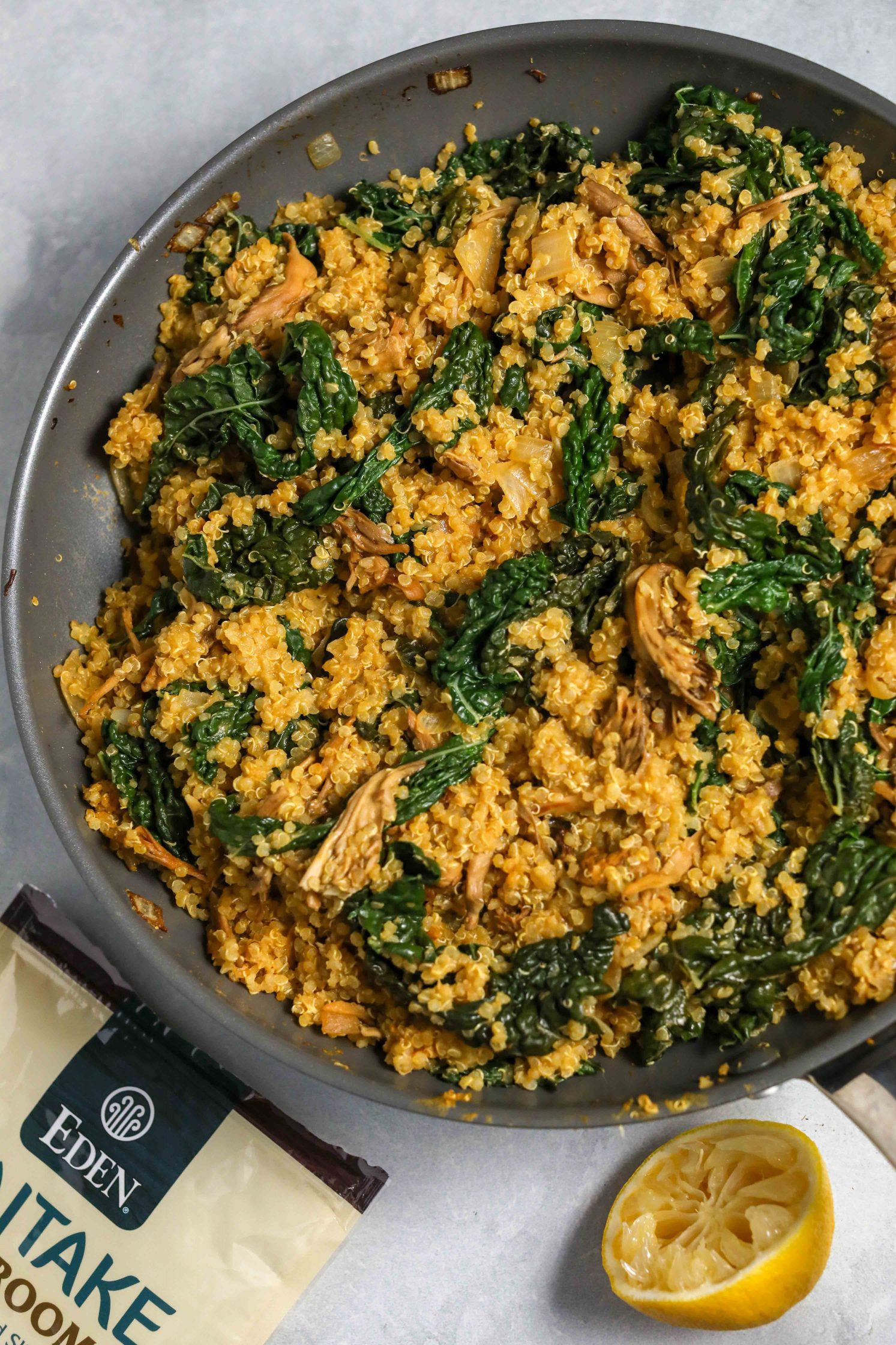 Kale Quinoa Mushroom Risotto in pan 