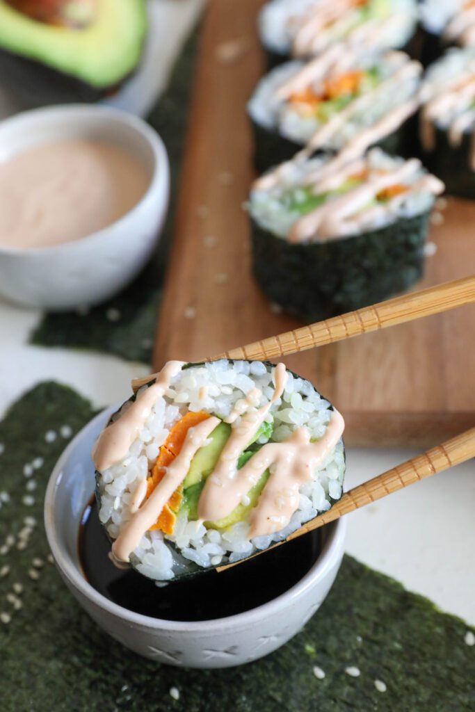 Sweet Potato & Avocado Rolls With Sriracha Tahini by Flora & vino