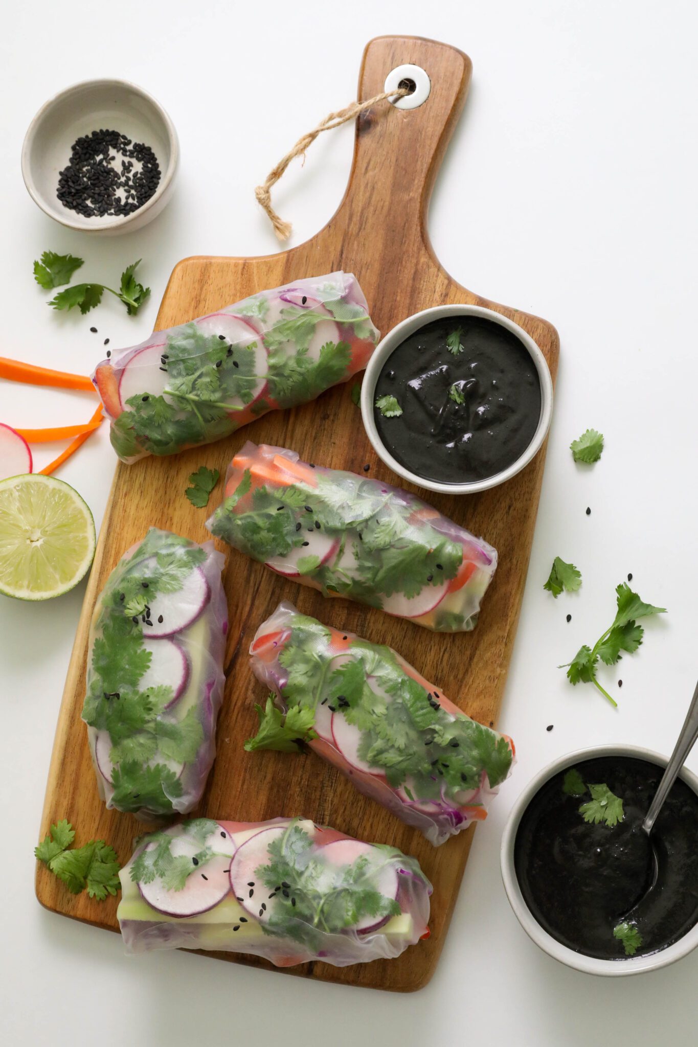 Rainbow Rice Paper Wraps with Black Sesame Sauce - Flora & Vino