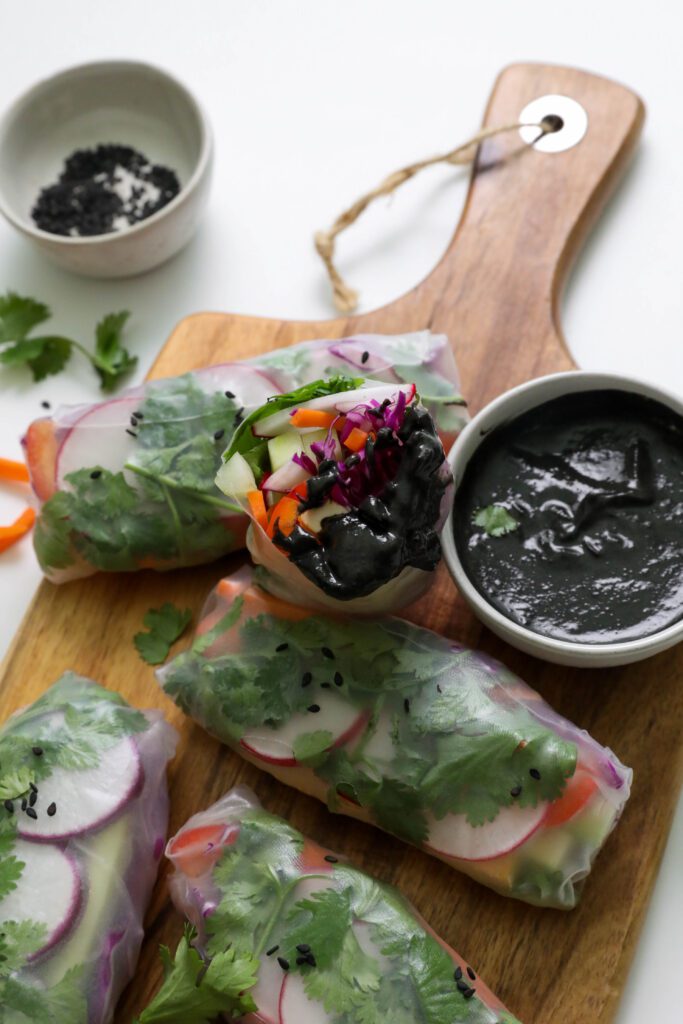 Rainbow Rice Paper Wraps with Black Sesame Sauce by Flora & Vino