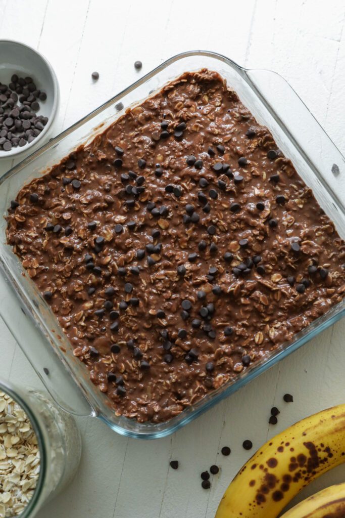 Chocolate oatmeal in baking dish by Flora & Vino 