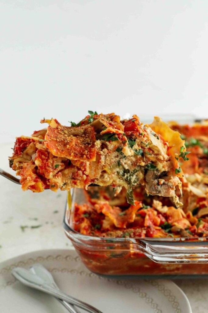 Vegan Vegetable Lasagna with Tofu Ricotta slice by Flora & Vino