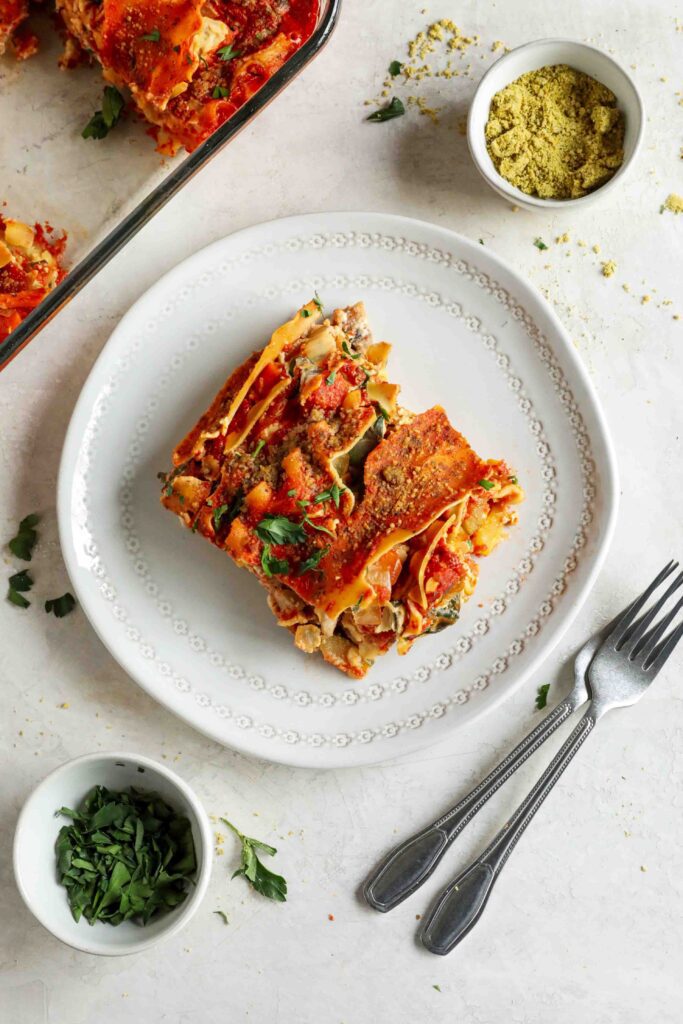 Vegan Vegetable Lasagna with Tofu Ricotta served on plate by Flora & Vino