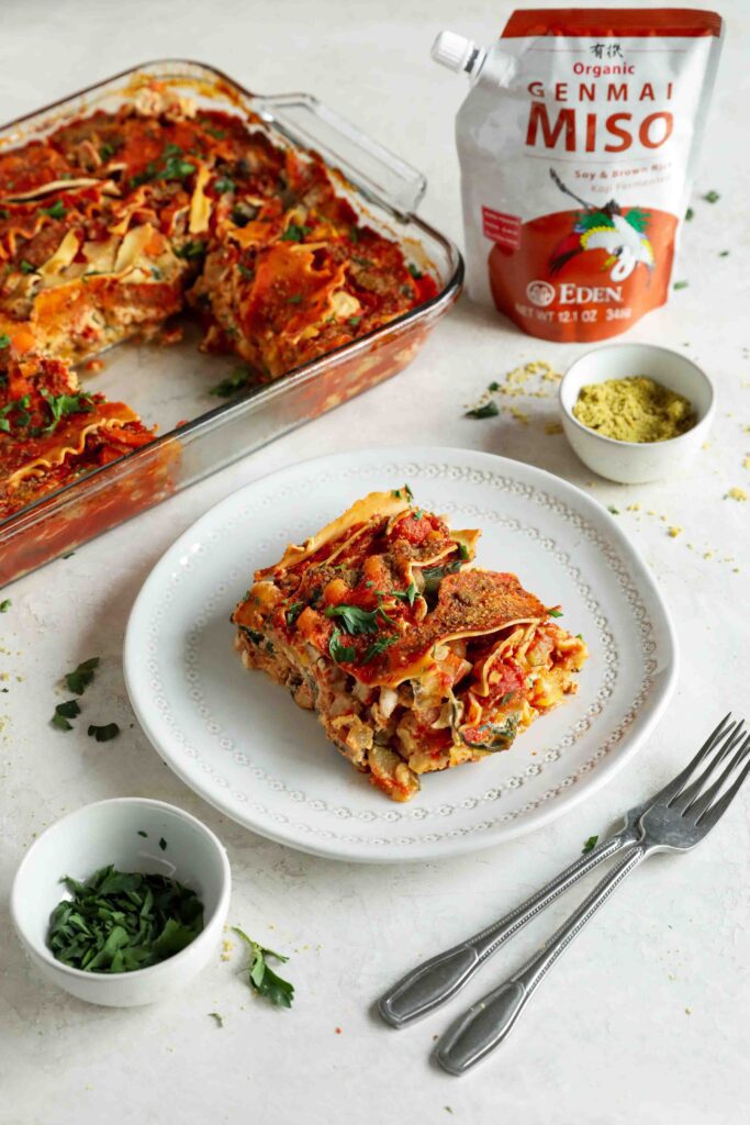 Vegan Vegetable Lasagna with Tofu Ricotta served on plate by Flora & Vino
