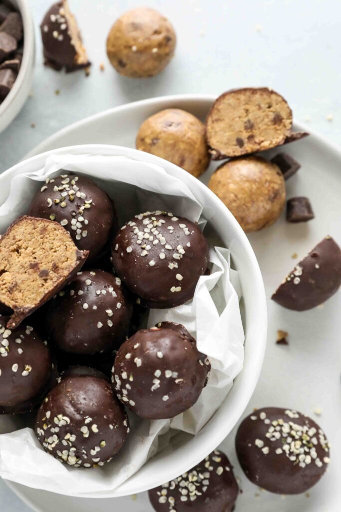Cookie Dough Protein Truffles served in a bowl by Flora & Vino 