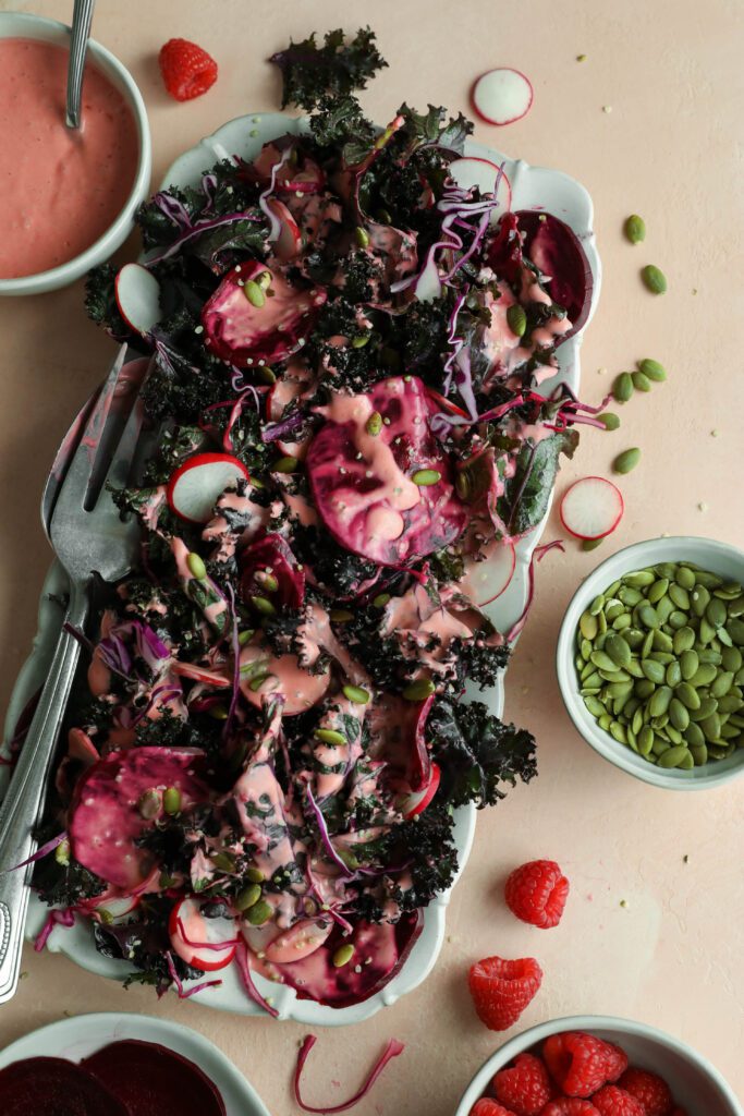 Beet & Kale Salad with Raspberry Vinaigrette by Flora & Vino