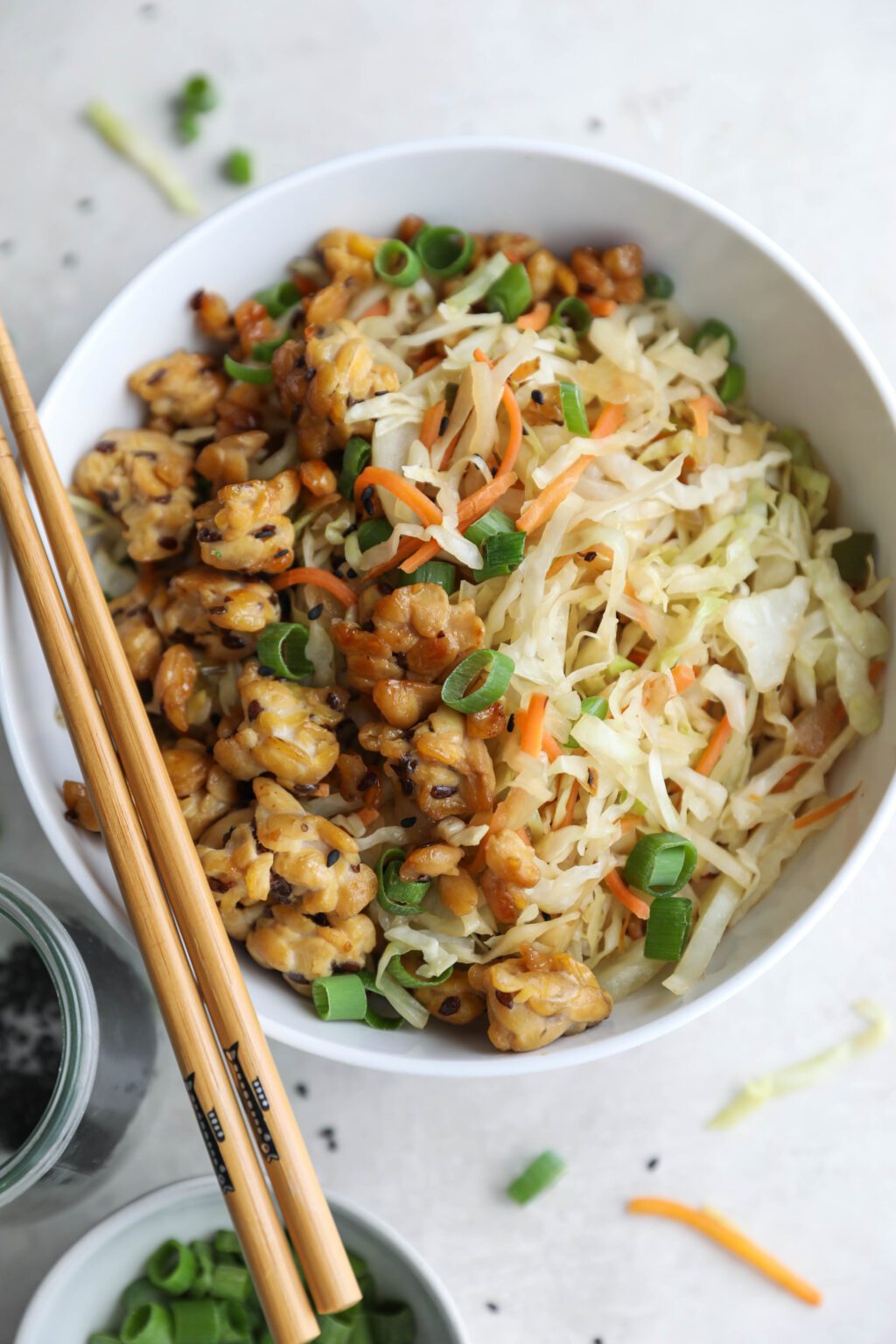 Vegan Egg Roll Bowl Recipe with crispy sesame tempeh Flora & Vino
