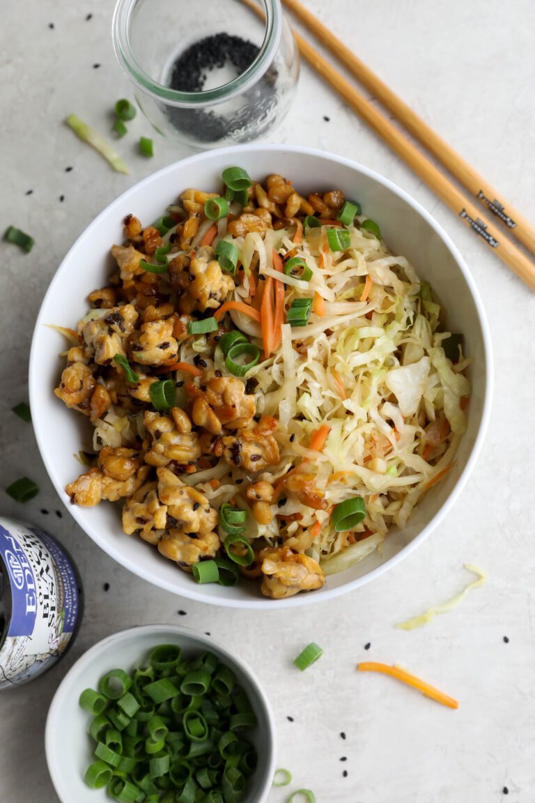 Vegan Egg Roll Bowl Recipe with crispy sesame tempeh Flora & Vino