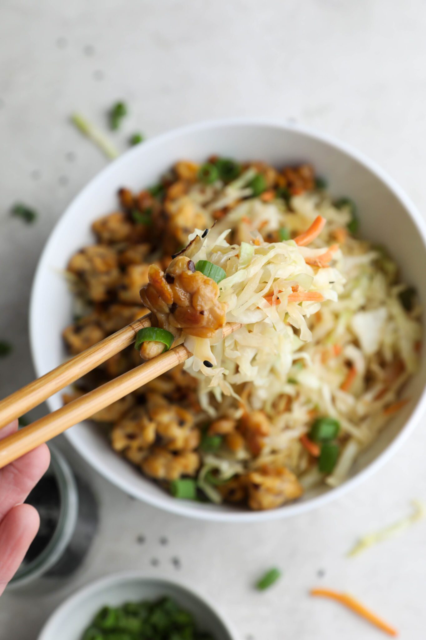 Vegan Egg Roll Bowl Recipe with crispy sesame tempeh Flora & Vino
