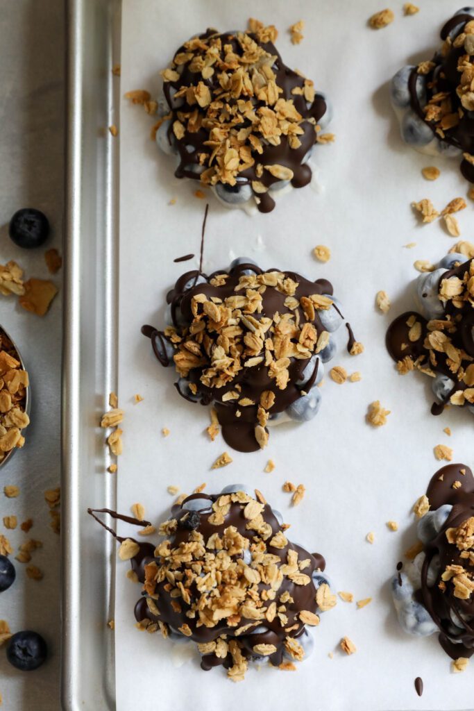 Viral Chocolate Blueberry Yogurt Bites on parchment lined baking sheet