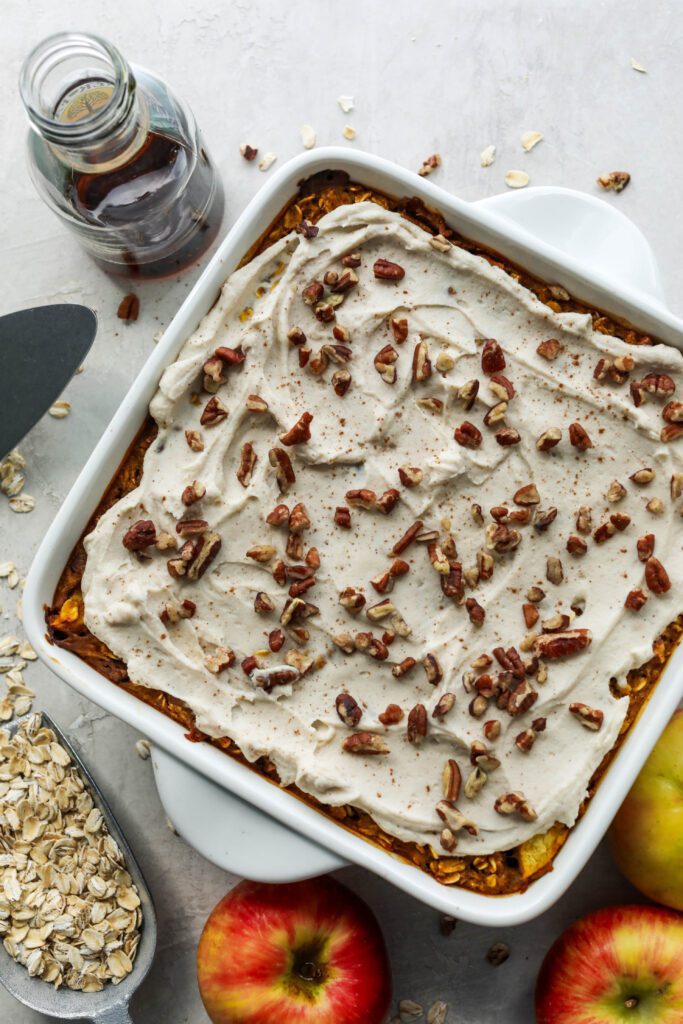 Pumpkin Apple Baked Oats in square baking dish by Flora & Vino