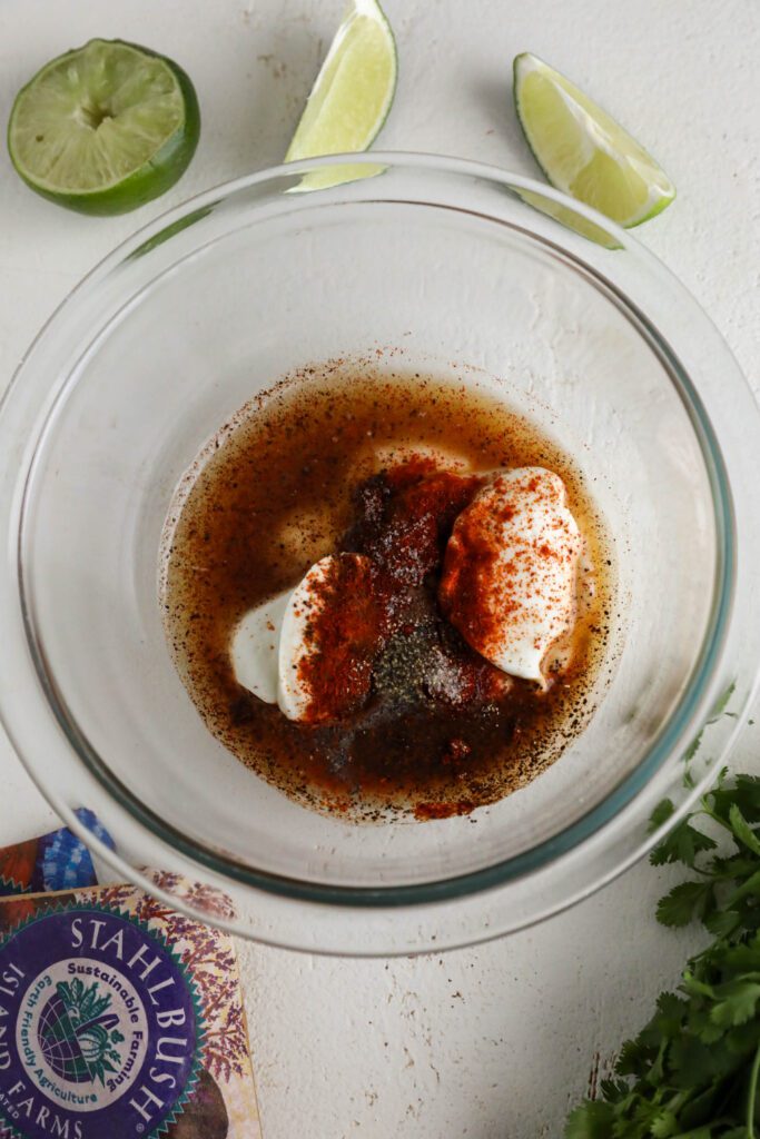 vegan elote salad dressing ingredients in bowl 