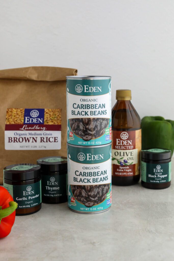 Eden Foods products stacked on white board
