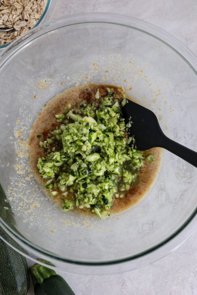 ingredients for zucchini bread in large mixing bowl
