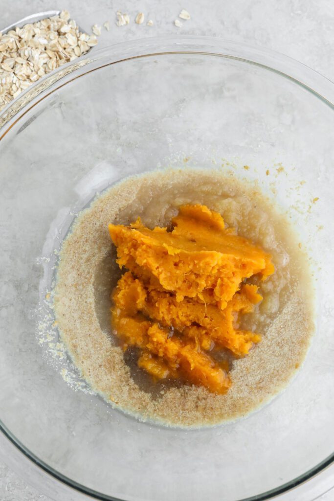 wet ingredients for sweet potato pie baked oats in large bowl 