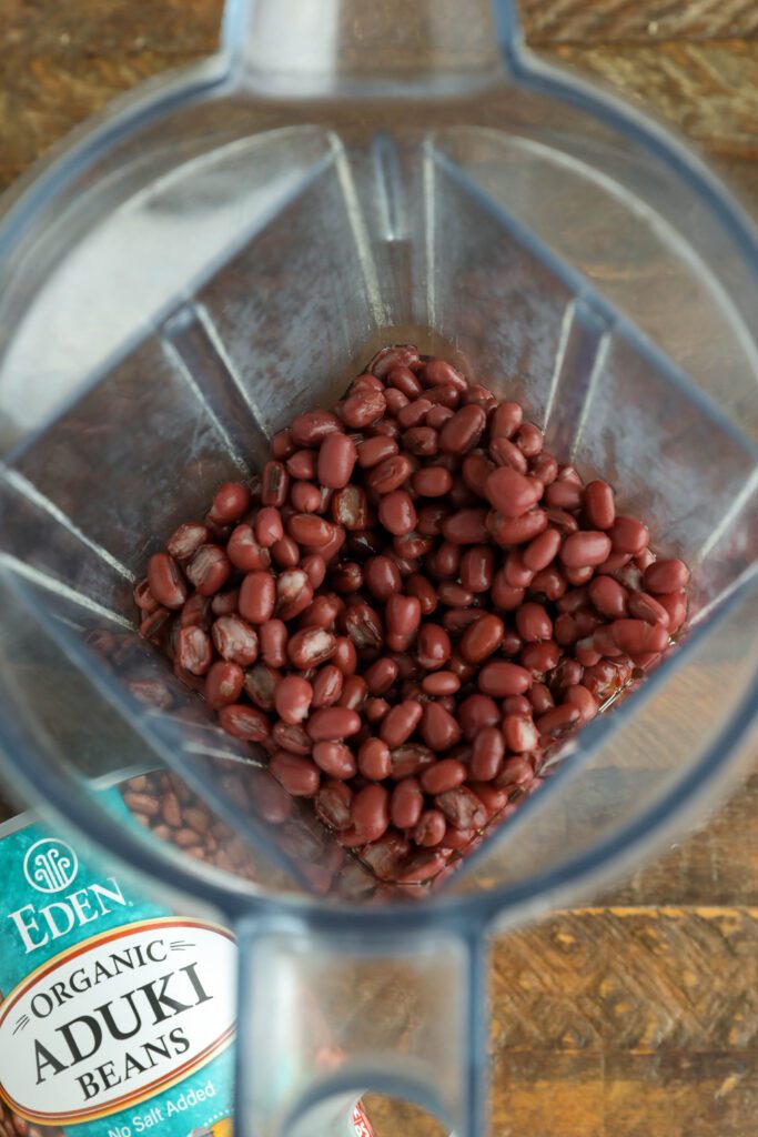 Aduki Beans in blender with can of Eden Foods Aduki Beans