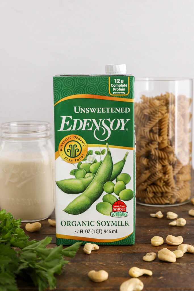 Unsweetened EdenSoy with dry pasta, cashews, and parsley