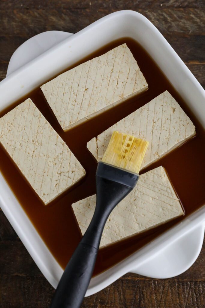 marinaded tofu steaks in dish 