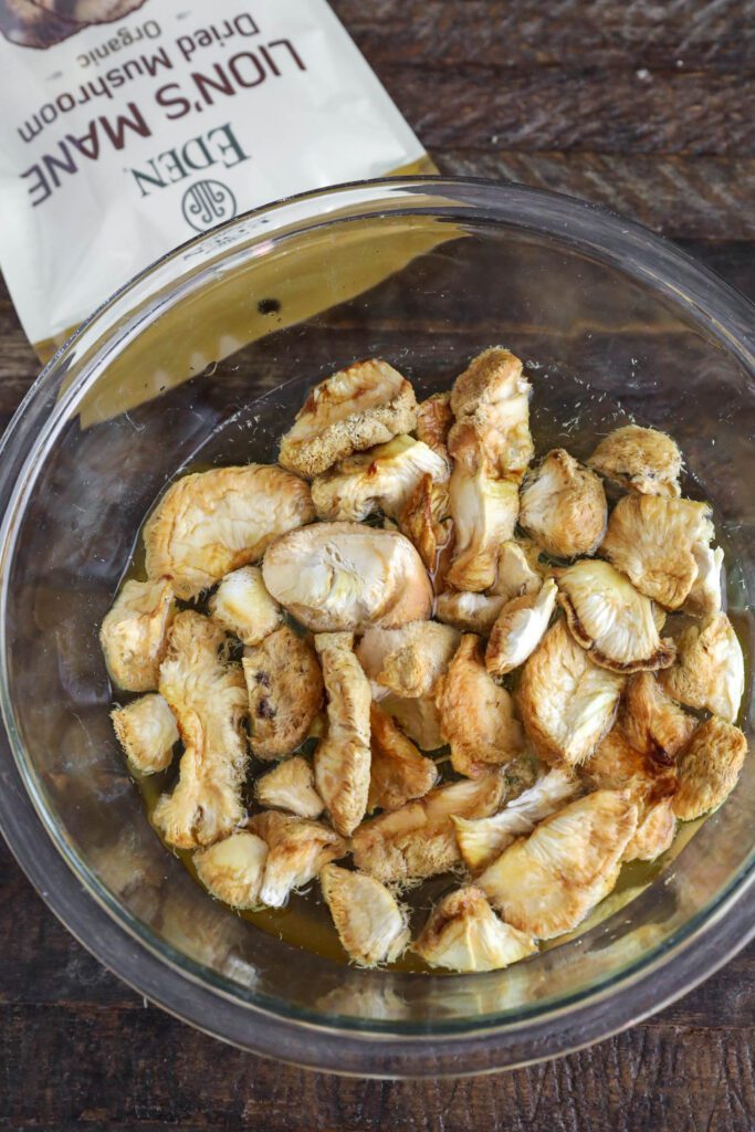 Eden Foods Organic Lion's Mane Dried Mushrooms in bowl with water
