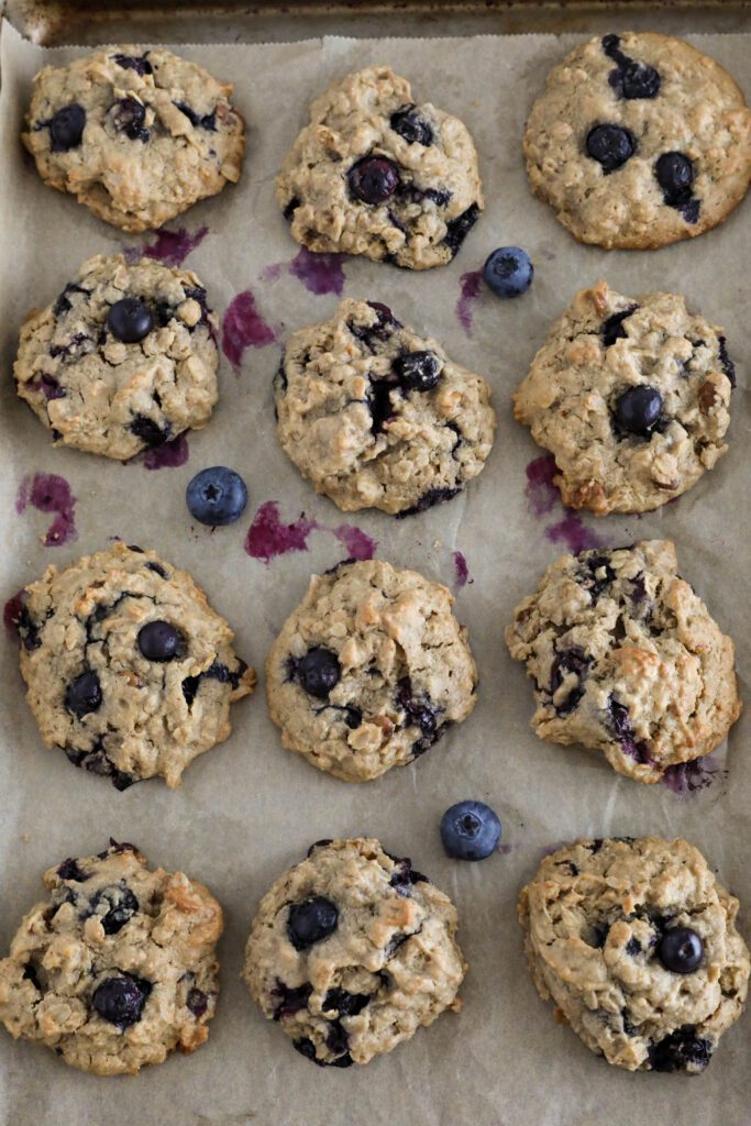 Blueberry SunButter Breakfast Cookies baked on parchment lined baking sheet