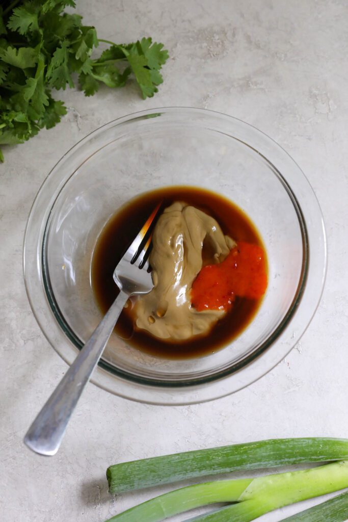 SunButter sauce in bowl with fork with cilantro and green onion on the side