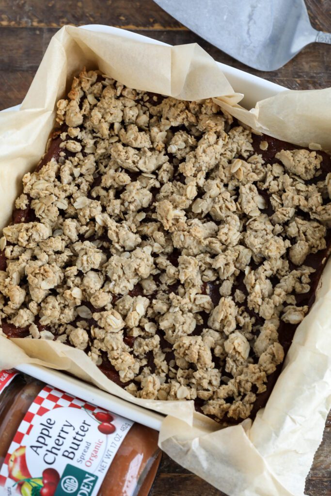 Apple Butter Crumble Bars baked in dish 