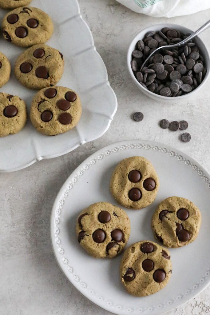 Chocolate Chip Snack Cookies served on plates with bowl of dark chocolate chips and towel