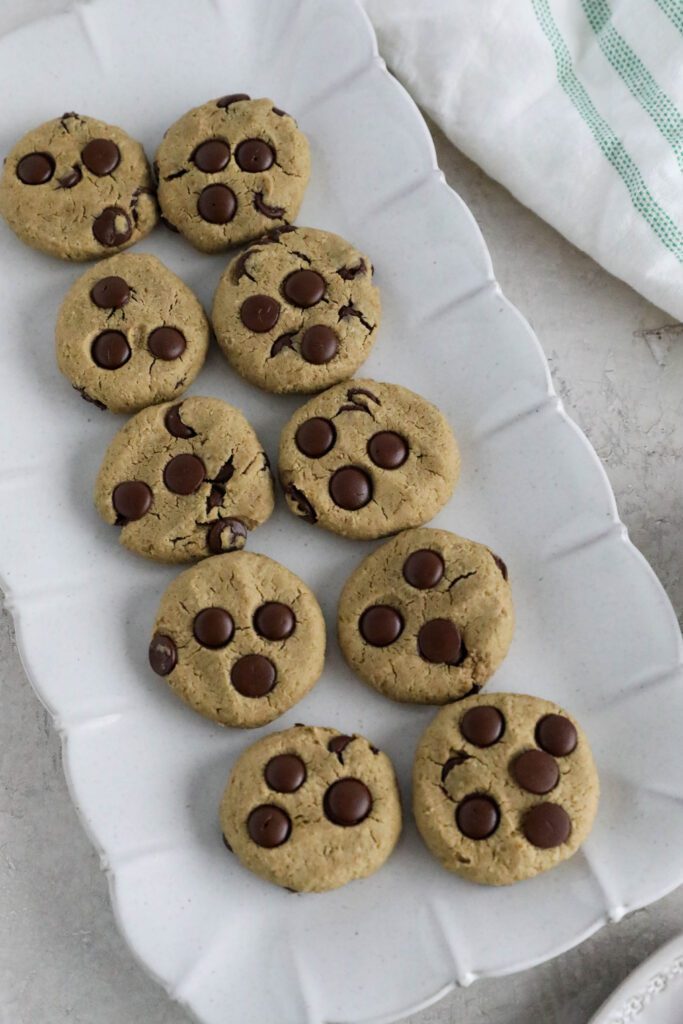 Chocolate Chip Snack Cookies served on plates with bowl of dark chocolate chips and towel