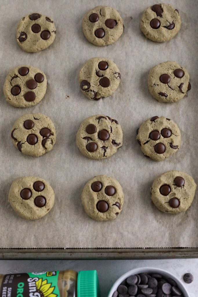 Chocolate Chip Snack Cookies baked on cookie sheet