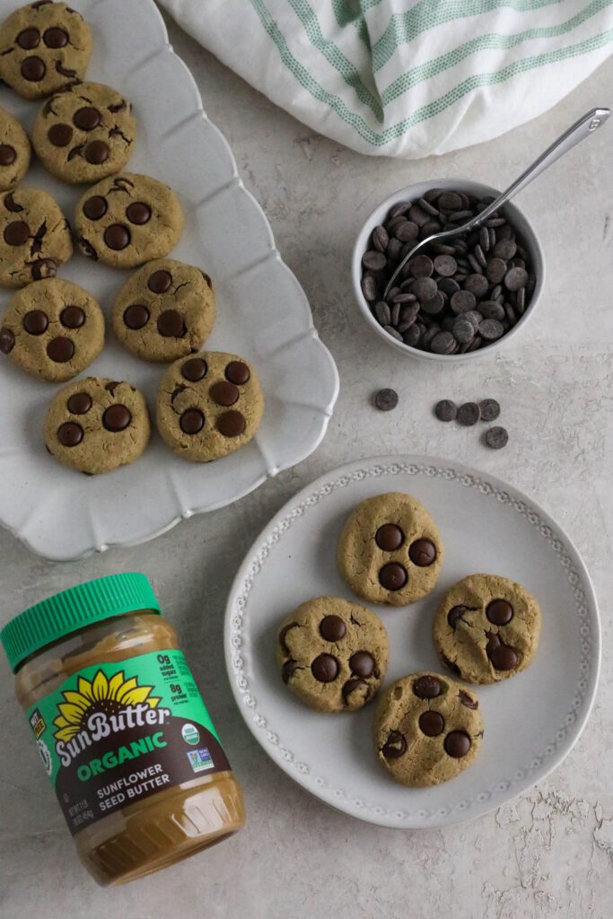 Chocolate Chip Snack Cookies served on plates with bowl of dark chocolate chips and towel
