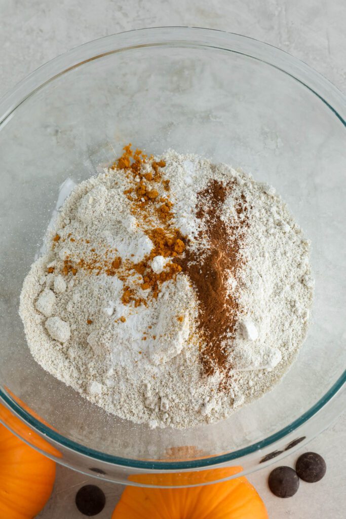 dry ingredients in bowl for pumpkin waffles