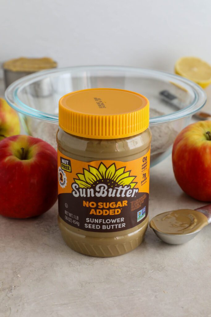 SunButter jar with ingredients for pancakes in background 