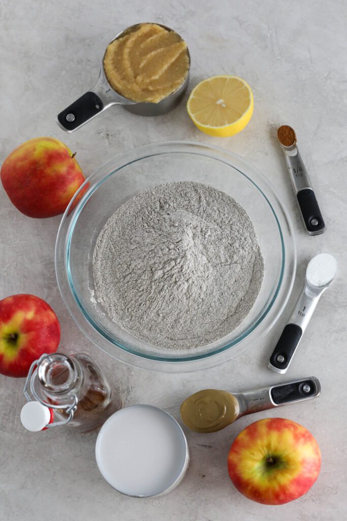 ingredients for apple pie pancakes on cement board