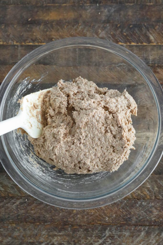 Vegan Bratwurst mix in bowl with spatula