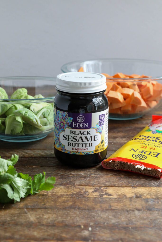 Black Sesame Butter with soba noodles, cilantro, brussels sprouts, and sweet potato