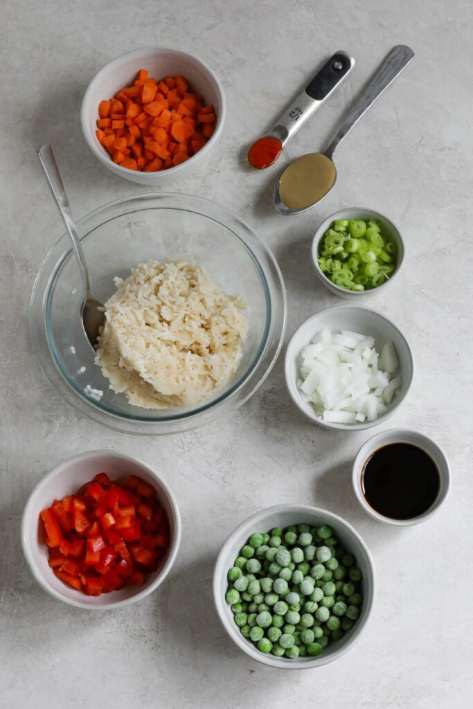 ingredients for single serving fried rice on cement board