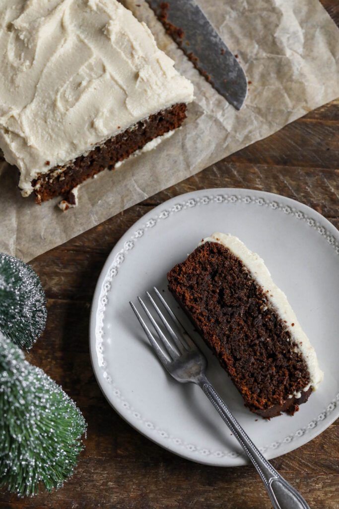 Applesauce Gingerbread Loaf served on plate with fork 