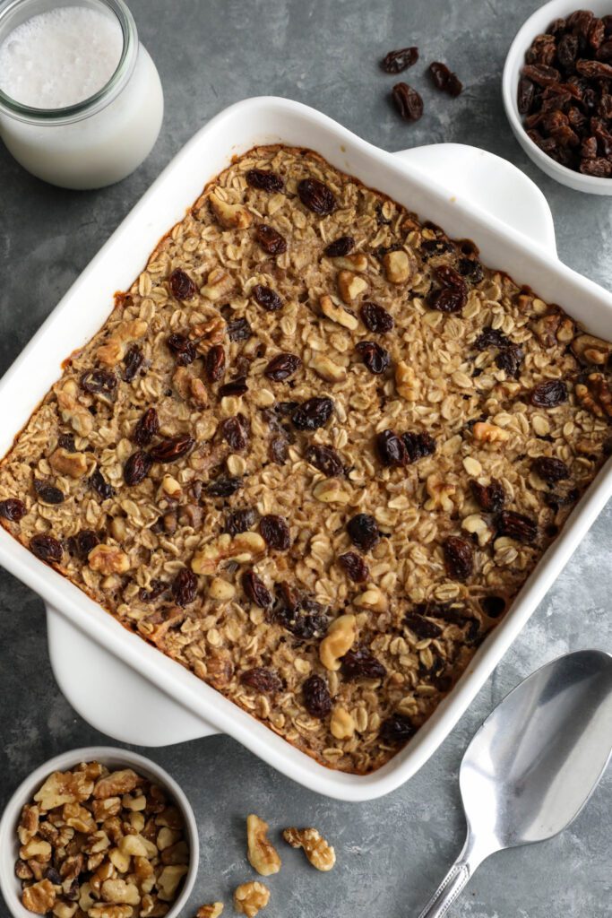 Cinnamon Raisin Cookie Baked Oatmeal baked in square baking dish