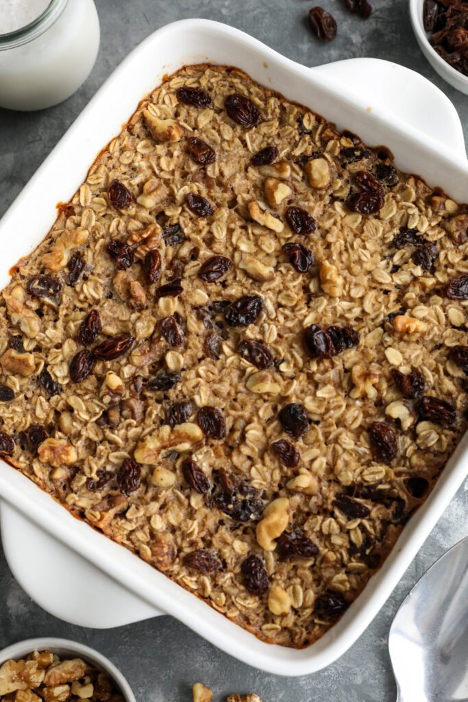 Cinnamon Raisin Cookie Baked Oatmeal baked in square pan
