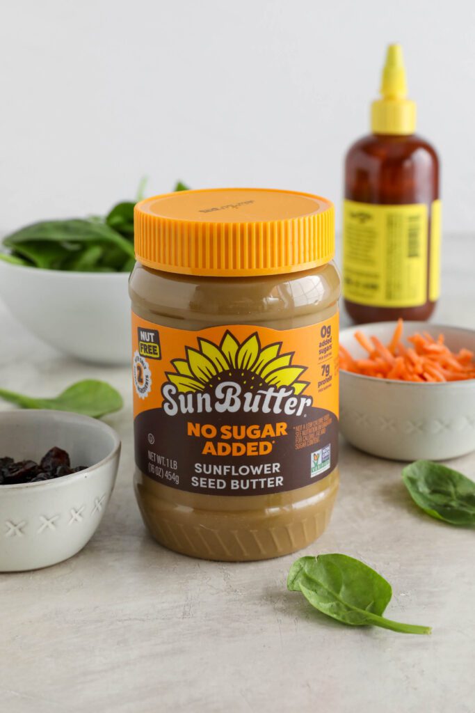 SunButter with carrots, dried cranberries, spinach, and sriracha 