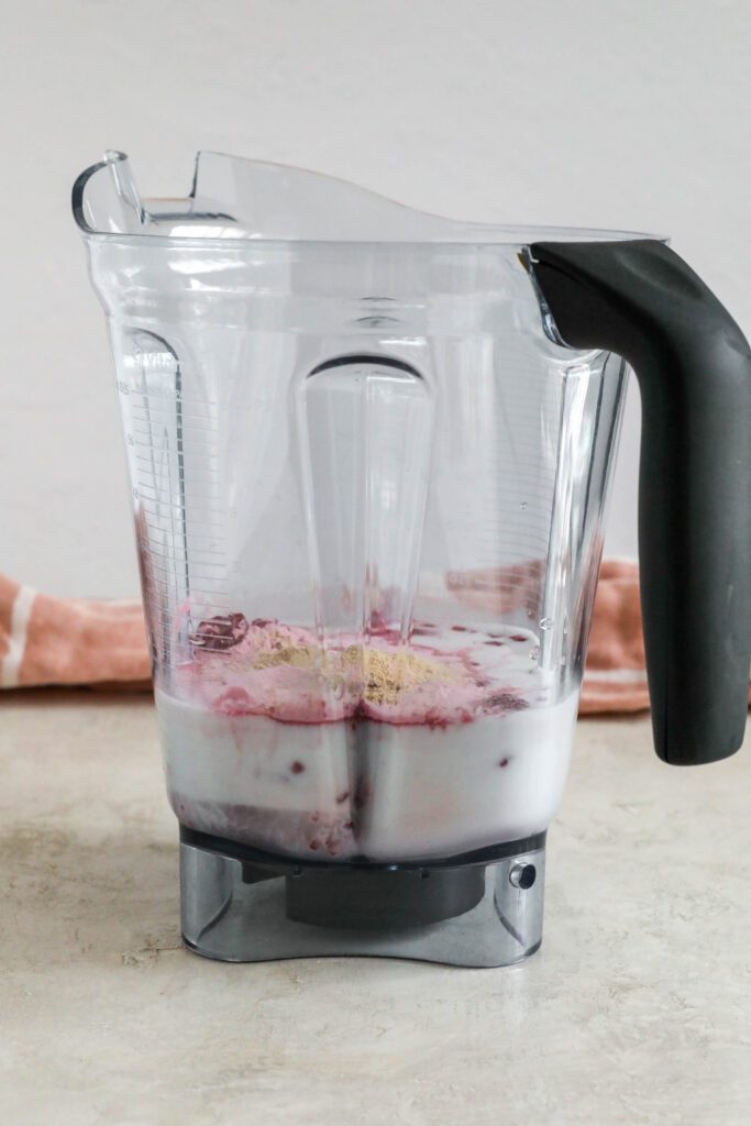 ingredients for Pink Coconut Cloud Smoothie in blender