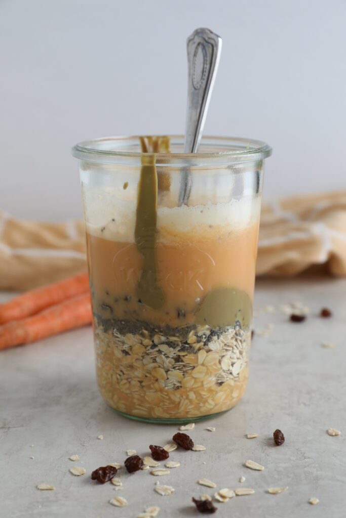 Carrot Cake SunButter Overnight Oats layered in mason jar